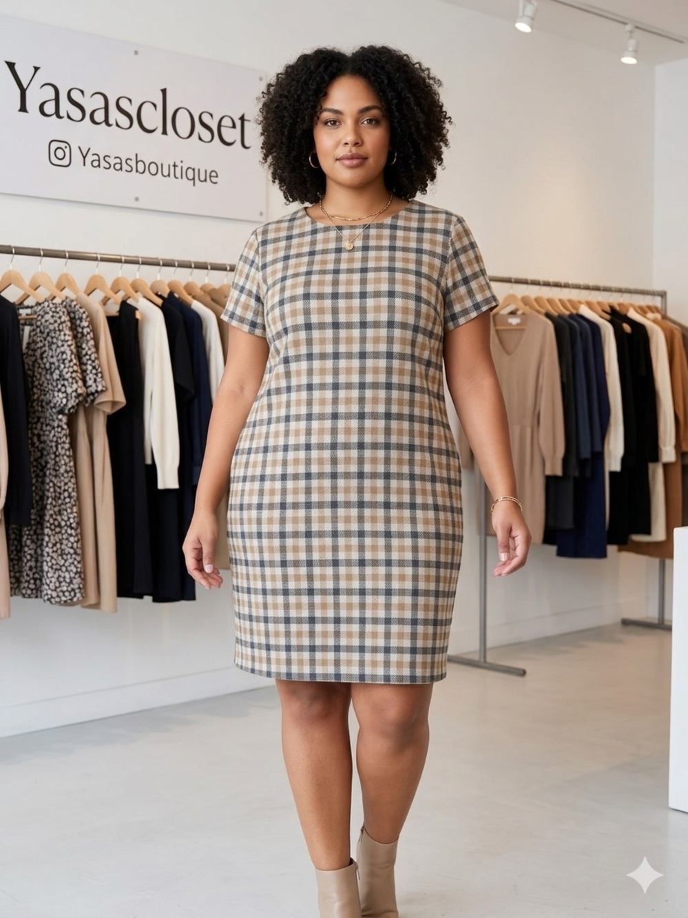 J. Jill Plaid Short-Sleeve Sheath Dress in Beige and Navy